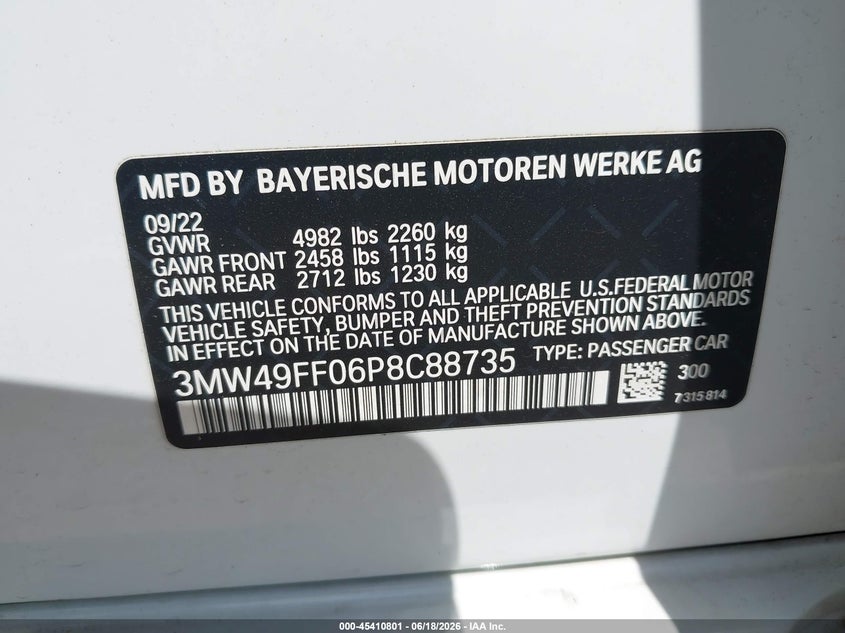 2023 BMW 3er VIN 3MW49FF06P8C88735 IAAI salvage auction — REAR END, Salvage Title, sold $20,500 on 2026-07-11 (photo 9)