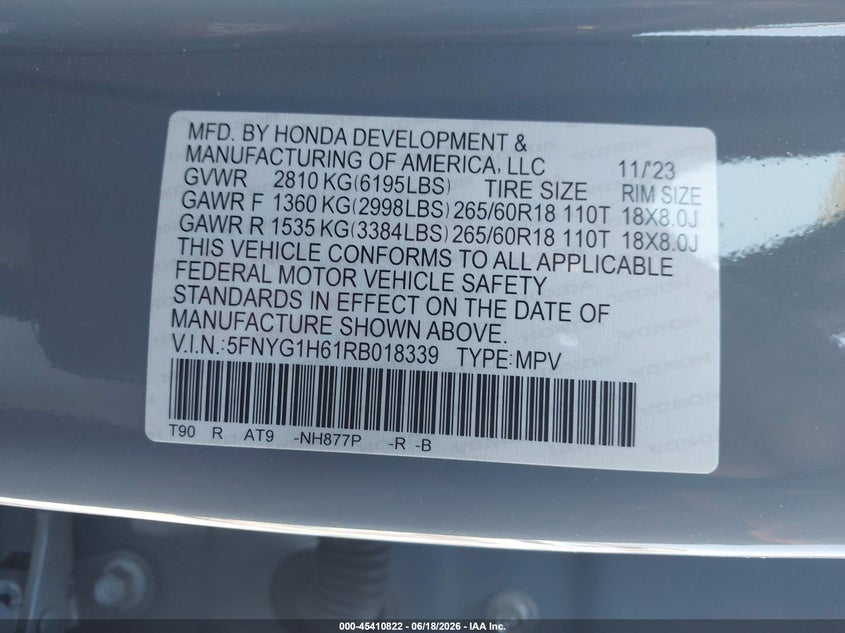 2024 Honda Pilot VIN 5FNYG1H61RB018339 IAAI salvage auction — LEFT SIDE, Salvage Title, sold $18,500 on 2026-07-26 (photo 9)