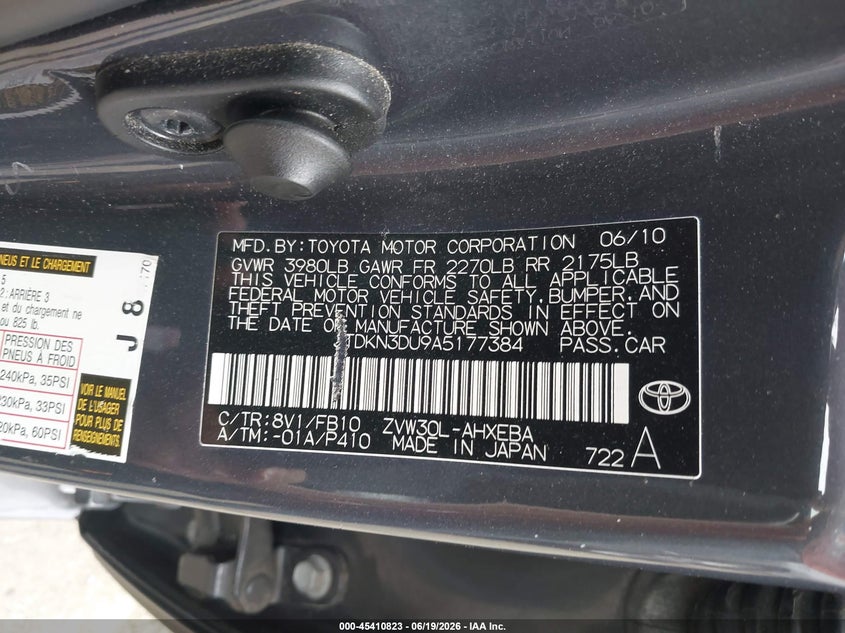 2010 Toyota Prius VIN JTDKN3DU9A5177384 IAAI salvage auction — FRONT END, Salvage - Greater Than 75% (Maryland), sold $575 on 2026-07-22 (photo 9)