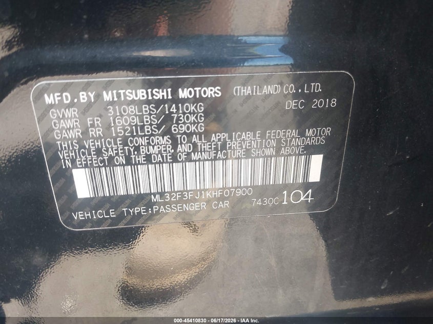 2019 Mitsubishi VIN ML32F3FJ1KHF07900 IAAI salvage auction — FRONT END, Clear (Virginia), sold $1,375 on 2026-07-07 (photo 9)