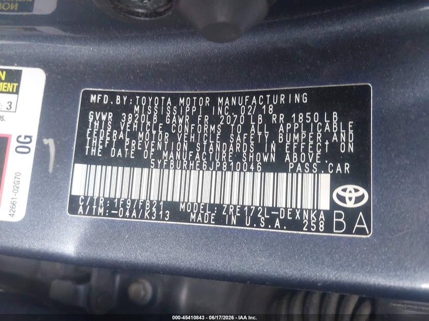 2018 Toyota Corolla VIN 5YFBURHE6JP810046 IAAI salvage auction — LEFT & RIGHT, Salvage - Greater Than 75% (Maryland), sold $625 on 2026-07-28 (photo 9)