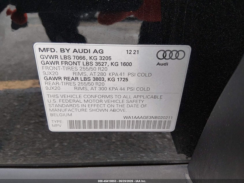 2022 Audi E-tron VIN WA1AAAGE3NB020211 IAAI salvage auction — FRONT END, Salvage Title, sold $14,050 on 2026-07-14 (photo 9)