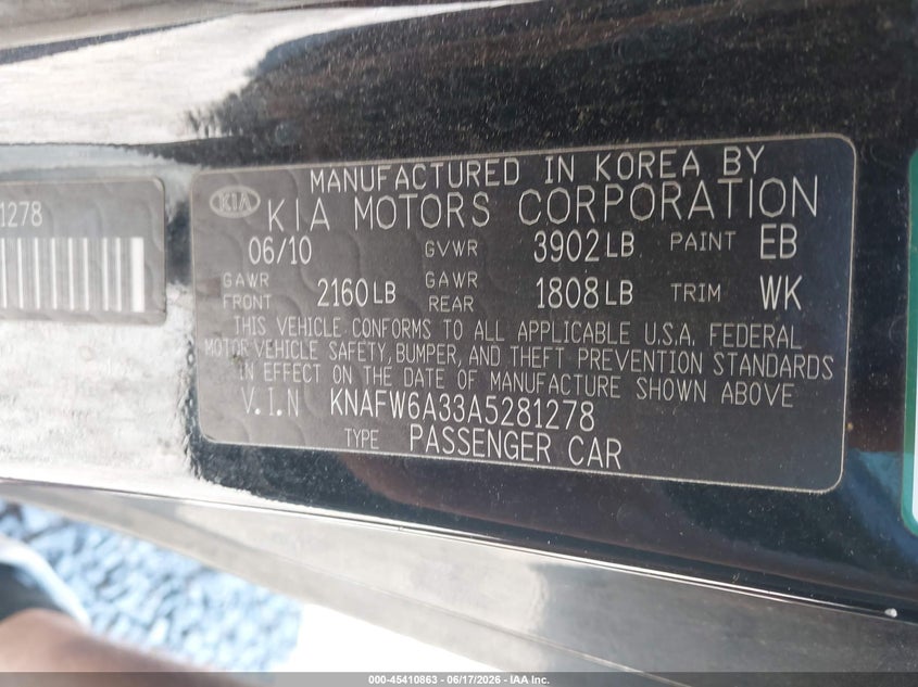 2010 Kia Forte VIN KNAFW6A33A5281278 IAAI salvage auction — REAR END, Salvage (North Carolina), sold $875 on 2026-07-31 (photo 9)