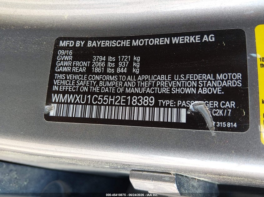 2017 Mini Hard top VIN WMWXU1C55H2E18389 IAAI salvage auction — FRONT END, Wait Title, sold $2,300 on 2026-09-19 (photo 9)