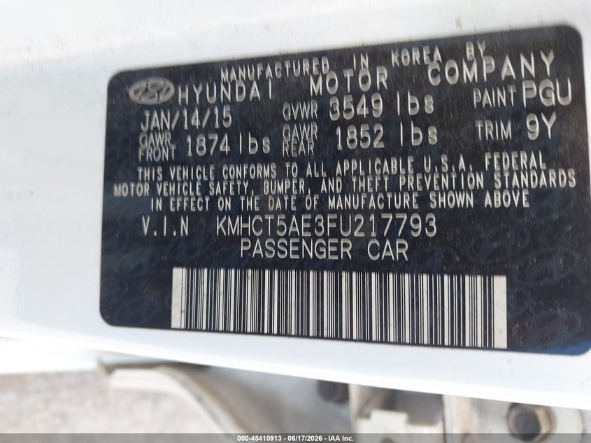 2015 Hyundai Accent VIN KMHCT5AE3FU217793 IAAI salvage auction — FRONT END, Salvage (Texas), sold $450 on 2026-07-21 (photo 9)