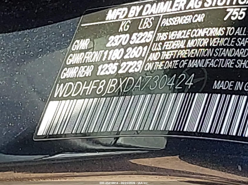 2013 Mercedes-benz E-klasse VIN WDDHF8JBXDA730424 IAAI salvage auction — FRONT & REAR, Mv-907A (New York), sold $825 on 2026-07-21 (photo 9)