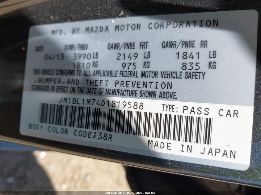 2013 Mazda 3 VIN JM1BL1M74D1819588 IAAI salvage auction — FRONT END, Original (Texas), sold $550 on 2026-07-27 (photo 9)