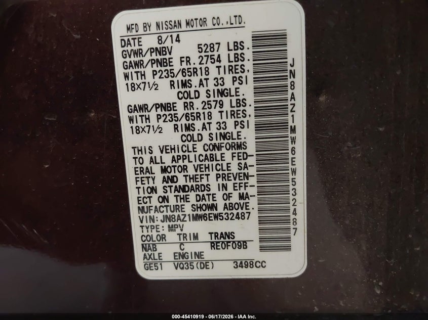 2014 Nissan Murano VIN JN8AZ1MW6EW532487 IAAI salvage auction — MECHANICAL, Bill Of Sale (Colorado), sold $200 on 2026-07-29 (photo 9)