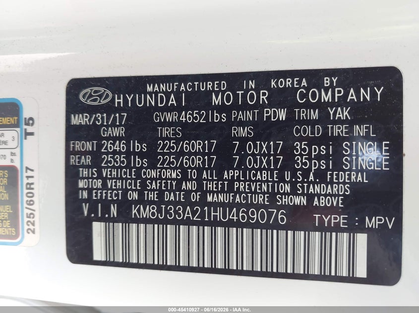 2017 Hyundai Tucson VIN KM8J33A21HU469076 IAAI salvage auction — NORMAL WEAR, Original (Texas), sold $2,600 on 2026-07-13 (photo 9)