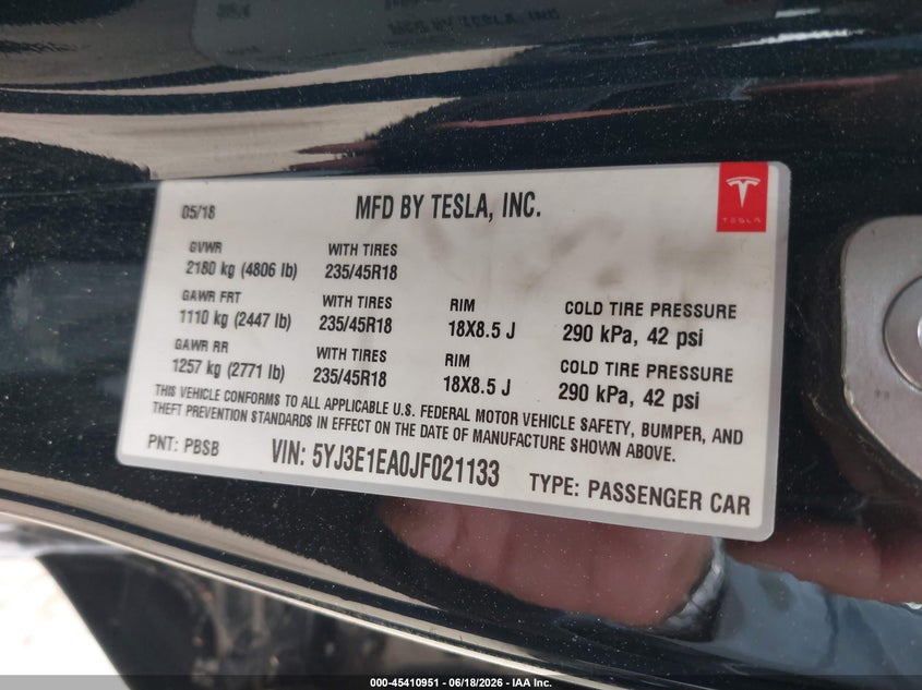 2018 Tesla Model 3 VIN 5YJ3E1EA0JF021133 IAAI salvage auction — FRONT END, Salvage (California), sold $3,550 on 2026-07-23 (photo 9)