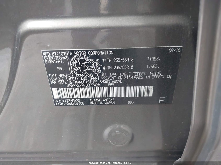 2015 Toyota Rav4 VIN JTMYFREV9FD077428 IAAI salvage auction — NORMAL WEAR, Repossession Paperwork (Georgia), sold $6,100 on 2026-07-15 (photo 9)