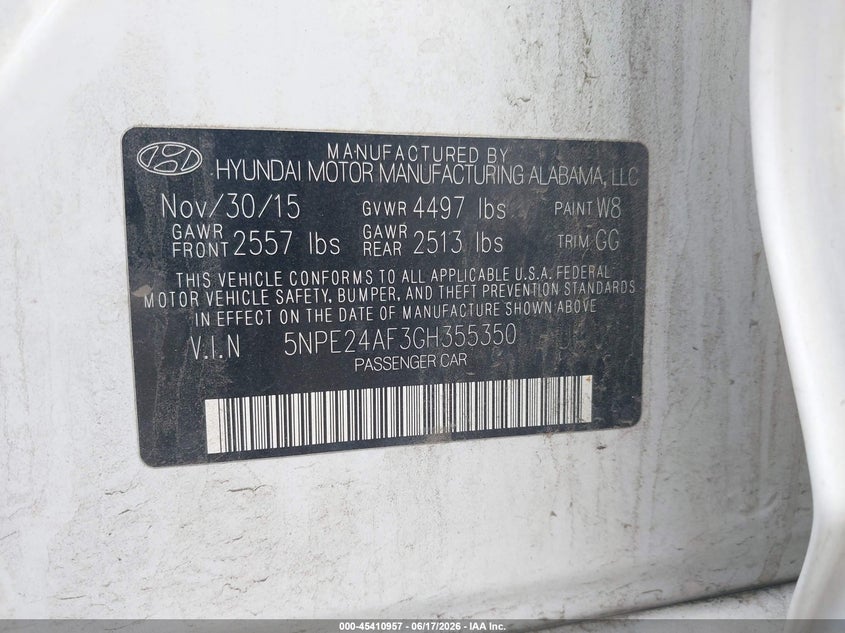 2016 Hyundai Sonata VIN 5NPE24AF3GH355350 IAAI salvage auction — FRONT END, Prior Salvage (Minnesota), sold $1,050 on 2026-08-03 (photo 9)