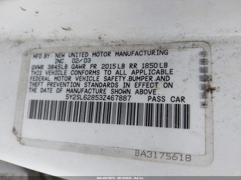 2003 Pontiac Vibe VIN 5Y2SL62853Z467887 IAAI salvage auction — NORMAL WEAR, Clear (Virginia), sold $550 on 2026-07-14 (photo 9)