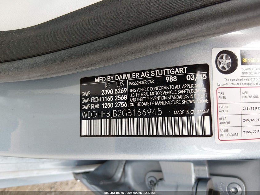 2016 Mercedes-benz VIN WDDHF8JB2GB166945 IAAI salvage auction — FRONT END, Salvage Title, sold $2,000 on 2026-07-18 (photo 9)