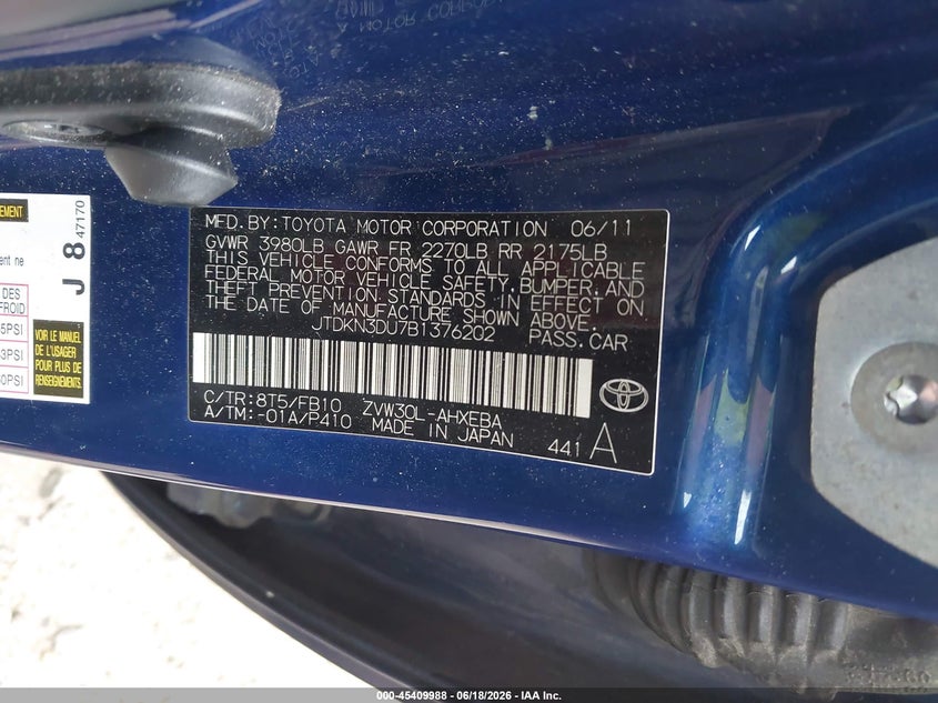 2011 Toyota Prius VIN JTDKN3DU7B1376202 IAAI salvage auction — REAR END, Mv-907A (New York), sold $450 on 2026-07-07 (photo 9)