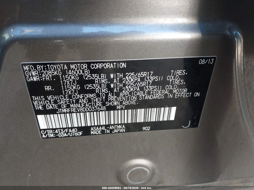 2013 Toyota Rav 4 VIN JTMRFREV8DD037648 IAAI salvage auction — SIDE, Bill Of Sale (Washington), sold $3,900 on 2026-07-07 (photo 9)
