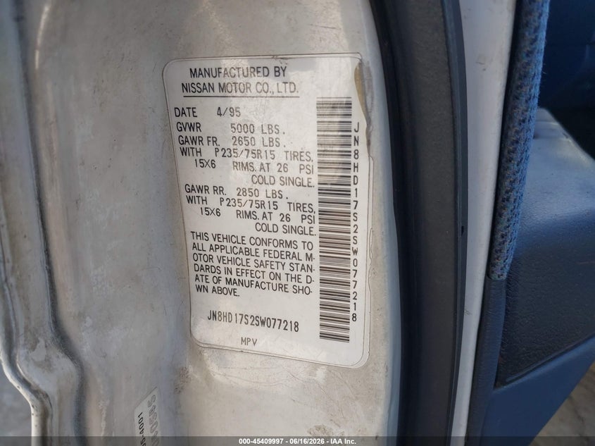 1995 Nissan Pathfinder VIN JN8HD17S2SW077218 IAAI salvage auction — FRONT END, Salvage (California), sold $225 on 2026-07-08 (photo 9)