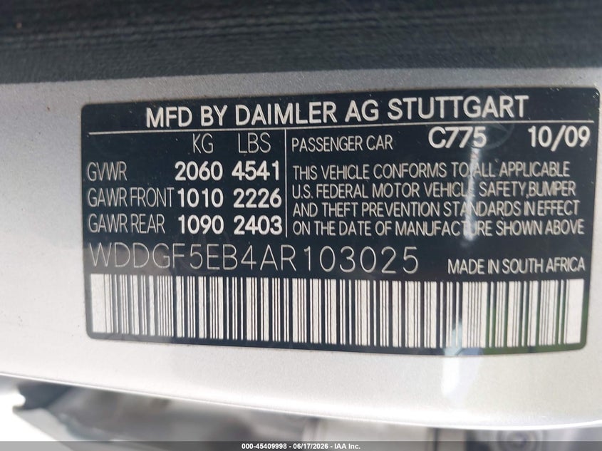 2010 Mercedes-benz C-klasse VIN WDDGF5EB4AR103025 IAAI salvage auction — UNKNOWN, Rebuildable (Florida), sold $400 on 2026-07-21 (photo 9)