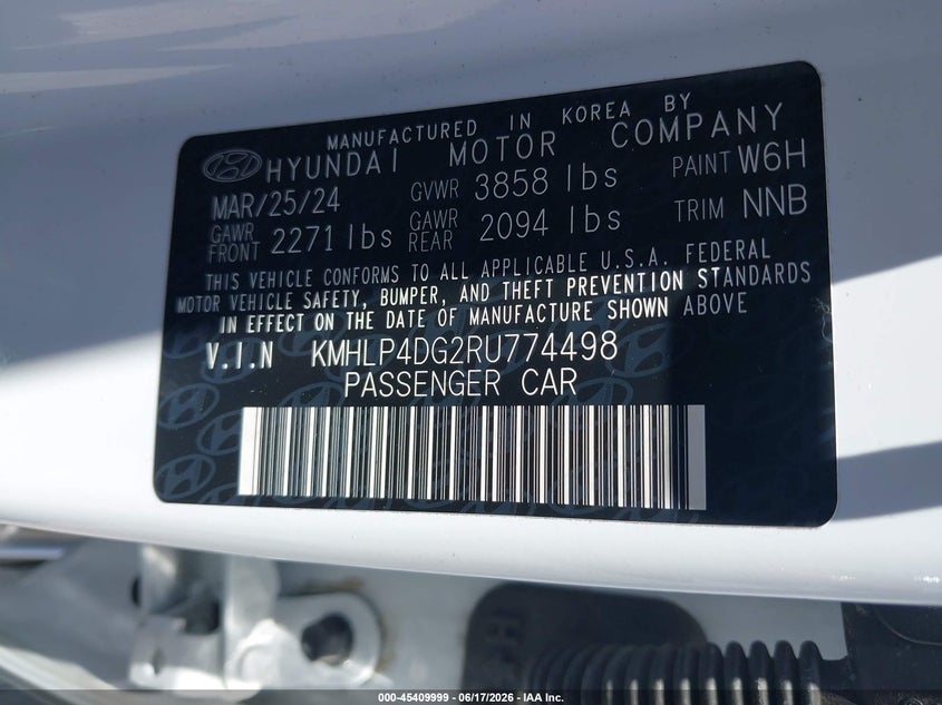 2024 Hyundai Elantra VIN KMHLP4DG2RU774498 IAAI salvage auction — REAR END, Salvage Title, sold $5,400 on 2026-07-21 (photo 9)
