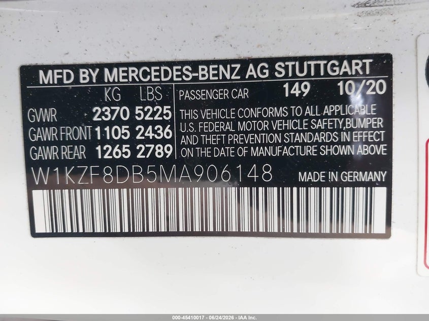2021 Mercedes-benz E-klasse VIN W1KZF8DB5MA906148 IAAI salvage auction — FRONT END, Salvage Title, sold $9,300 on 2026-08-01 (photo 9)