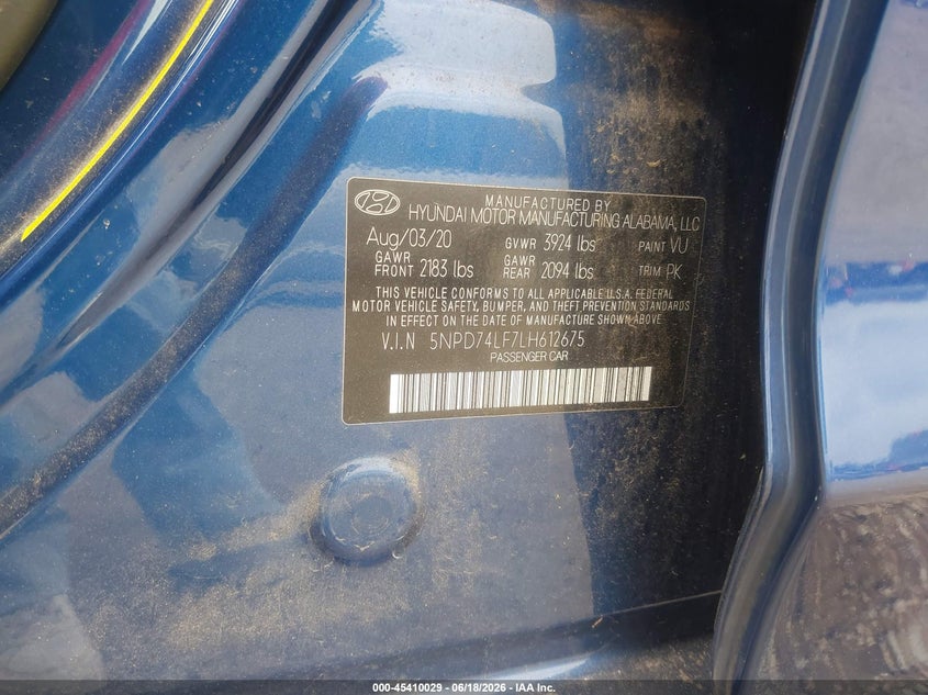2020 Hyundai Elantra VIN 5NPD74LF7LH612675 IAAI salvage auction — NORMAL WEAR, Sf97 (California), sold $8,100 on 2026-07-28 (photo 9)