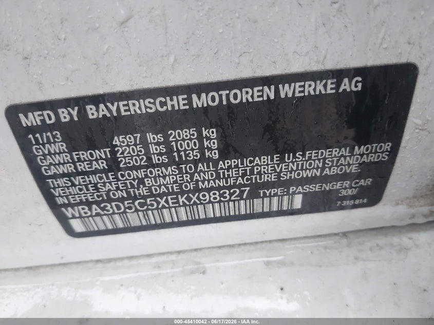 2014 BMW VIN WBA3D5C5XEKX98327 IAAI salvage auction — FRONT END, Salvage (Indiana), sold $550 on 2026-07-22 (photo 9)