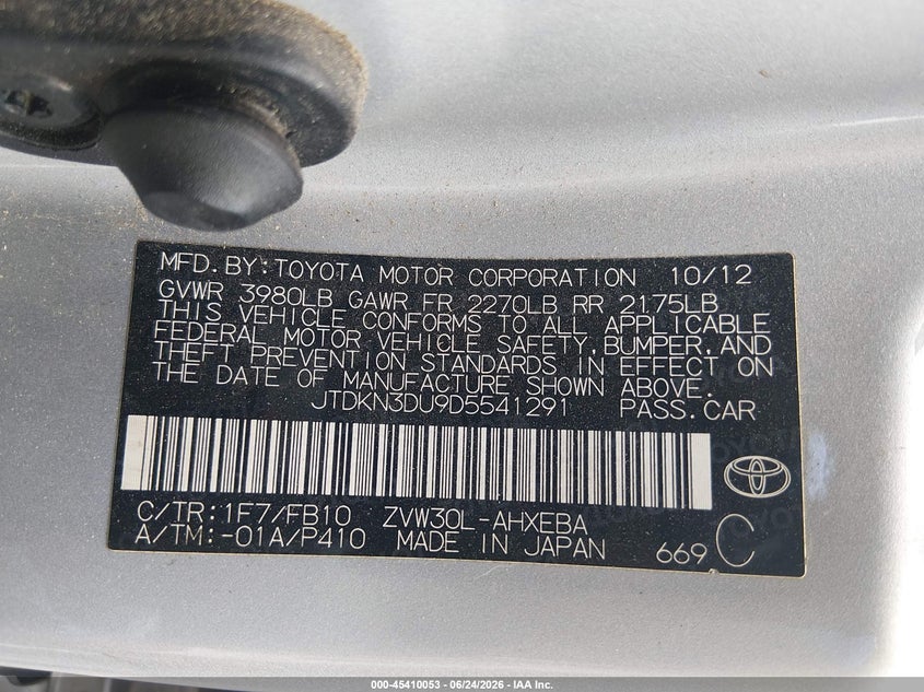 2013 Toyota Prius VIN JTDKN3DU9D5541291 IAAI salvage auction — NORMAL WEAR, Clear (Nevada), sold $3,400 on 2026-07-17 (photo 9)