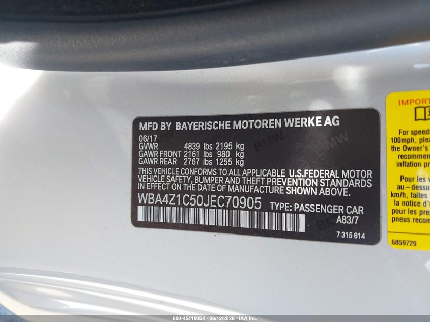 2018 BMW 4er VIN WBA4Z1C50JEC70905 IAAI salvage auction — UNKNOWN, Salvage (California), sold $6,550 on 2026-07-06 (photo 9)