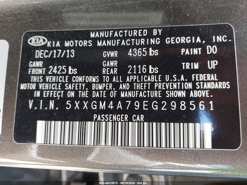 2014 Kia Optima VIN 5XXGM4A79EG298561 IAAI salvage auction — FRONT END, Salvage (Tennessee), sold $650 on 2026-07-15 (photo 9)