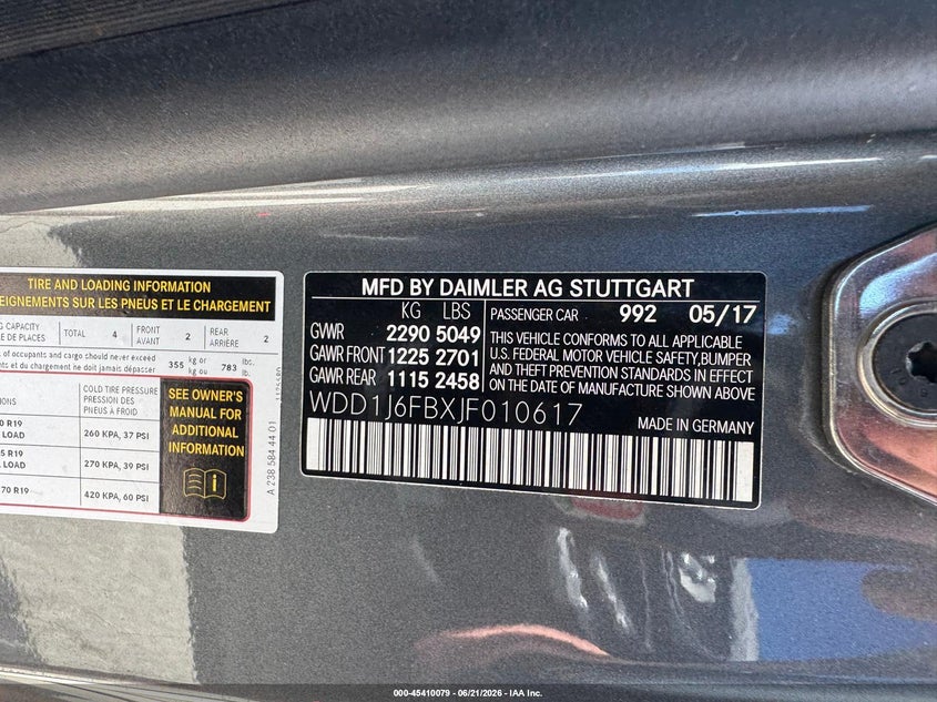 2018 Mercedes-benz E-class VIN WDD1J6FBXJF010617 IAAI salvage auction — UNKNOWN, Clear (Florida), sold $6,850 on 2026-07-19 (photo 9)