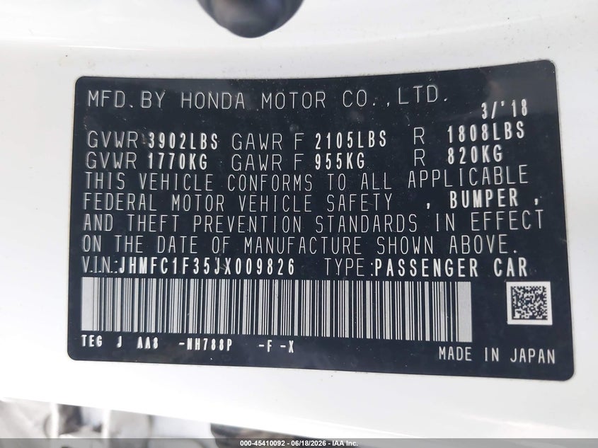2018 Honda Civic VIN JHMFC1F35JX009826 IAAI salvage auction — RIGHT FRONT, Salvage Title, sold $4,050 on 2026-07-28 (photo 9)