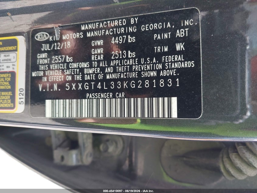 2019 Kia Optima VIN 5XXGT4L33KG281831 IAAI salvage auction — FRONT END, Salvage Title, sold $475 on 2026-07-28 (photo 9)