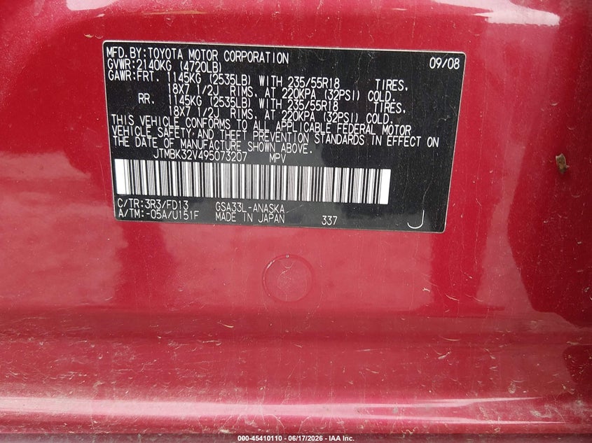2009 Toyota Rav4 VIN JTMBK32V495073207 IAAI salvage auction — NORMAL WEAR, Original (Kentucky), sold $1,250 on 2026-07-13 (photo 9)
