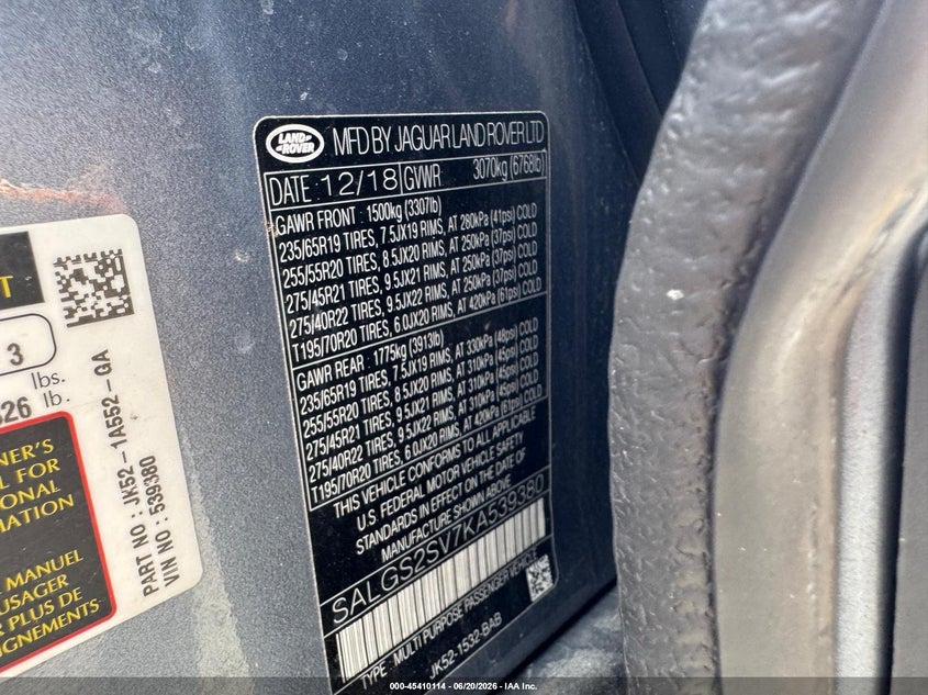 2019 Land rover RANGE ROVER VIN SALGS2SV7KA539380 IAAI salvage auction — MECHANICAL, Clear (Massachusetts), sold $7,350 on 2026-07-19 (photo 9)