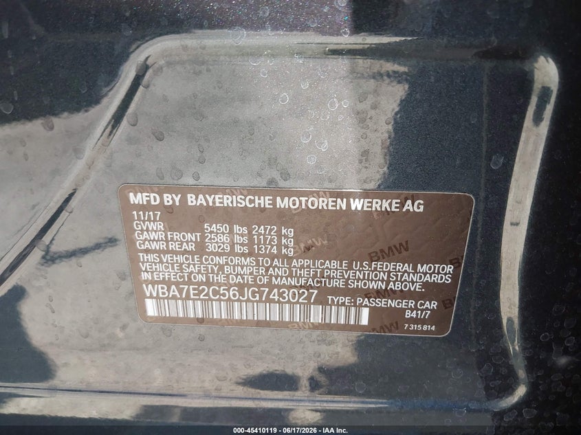 2018 BMW 7er VIN WBA7E2C56JG743027 IAAI salvage auction — REAR END, Salvage Certificate (California), sold $8,300 on 2026-07-10 (photo 9)