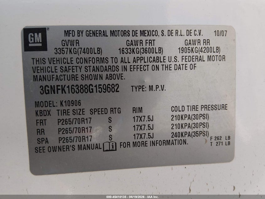 2008 Chevrolet Suburban 1500 VIN 3GNFK16388G159682 IAAI salvage auction — REAR END, Salvage (Utah), sold $775 on 2026-07-09 (photo 9)