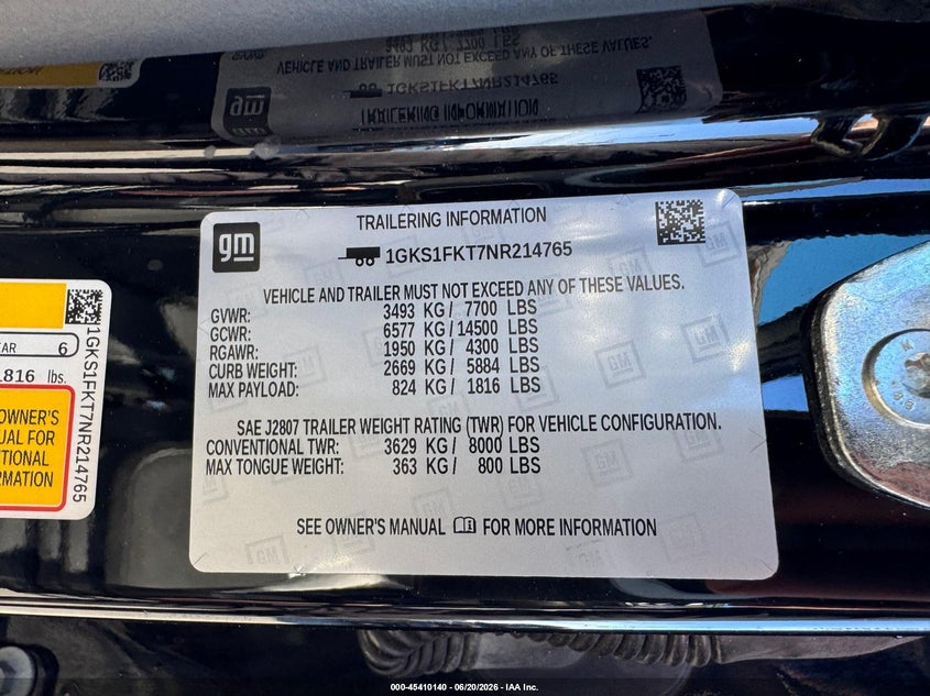 2022 Gmc Yukon VIN 1GKS1FKT7NR214765 IAAI salvage auction — UNKNOWN, Clear (Florida), sold $14,825 on 2026-07-19 (photo 9)
