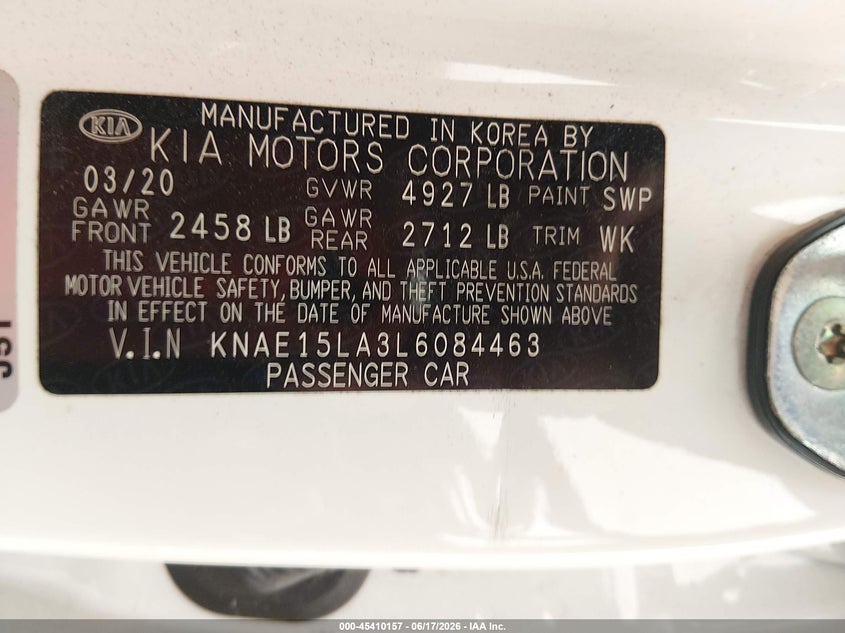 2020 Kia Stinger VIN KNAE15LA3L6084463 IAAI salvage auction — FRONT END, Certificate Of Destruction (Florida), sold $3,225 on 2026-07-09 (photo 9)