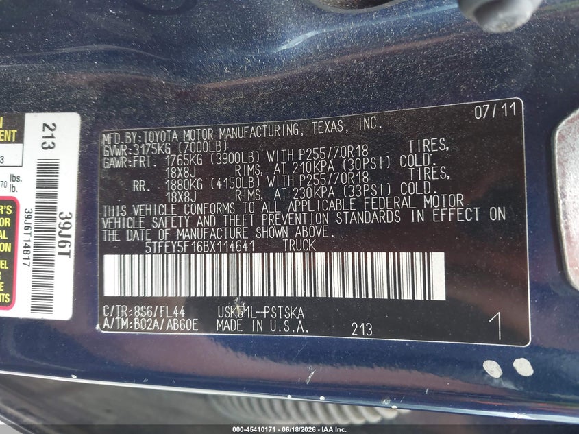 2011 Toyota Tundra VIN 5TFEY5F16BX114641 IAAI salvage auction — FRONT END, Clear (Tennessee), sold $3,900 on 2026-07-11 (photo 9)