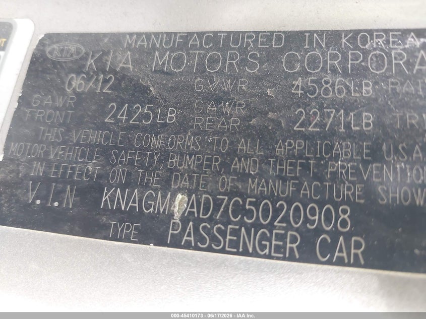 2012 Kia VIN KNAGM4AD7C5020908 IAAI salvage auction — FRONT END, Salvage Title, sold $100 on 2026-07-14 (photo 9)