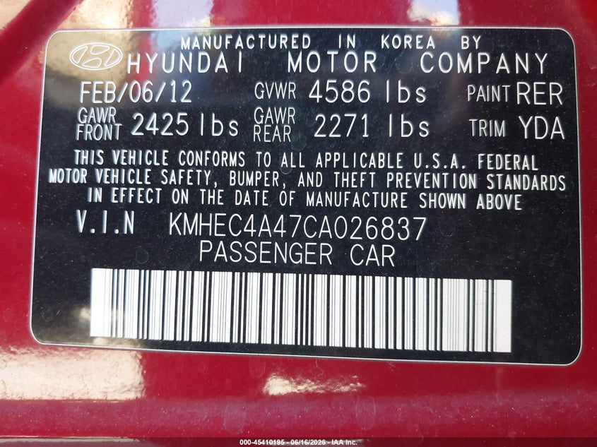 2012 Hyundai VIN KMHEC4A47CA026837 IAAI salvage auction — RIGHT FRONT, Salvage Title, sold $775 on 2026-07-22 (photo 9)