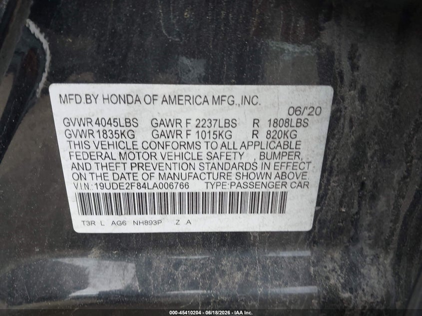 2020 Acura Ilx VIN 19UDE2F84LA006766 IAAI salvage auction — FRONT END, Salvage Title, sold $3,700 on 2026-07-25 (photo 9)