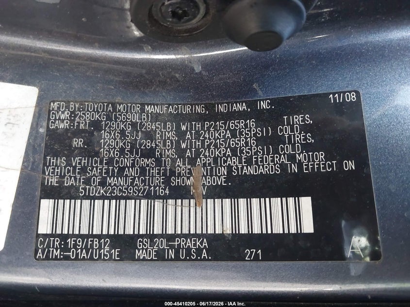 2009 Toyota Sienna VIN 5TDZK23C59S271164 IAAI salvage auction — FRONT & REAR, Clear (New Jersey), sold $800 on 2026-07-22 (photo 9)