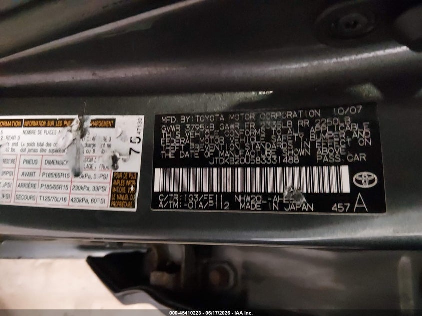 2008 Toyota Prius VIN JTDKB20U583331488 IAAI salvage auction — NORMAL WEAR, Clear (Minnesota), sold $400 on 2026-07-29 (photo 9)