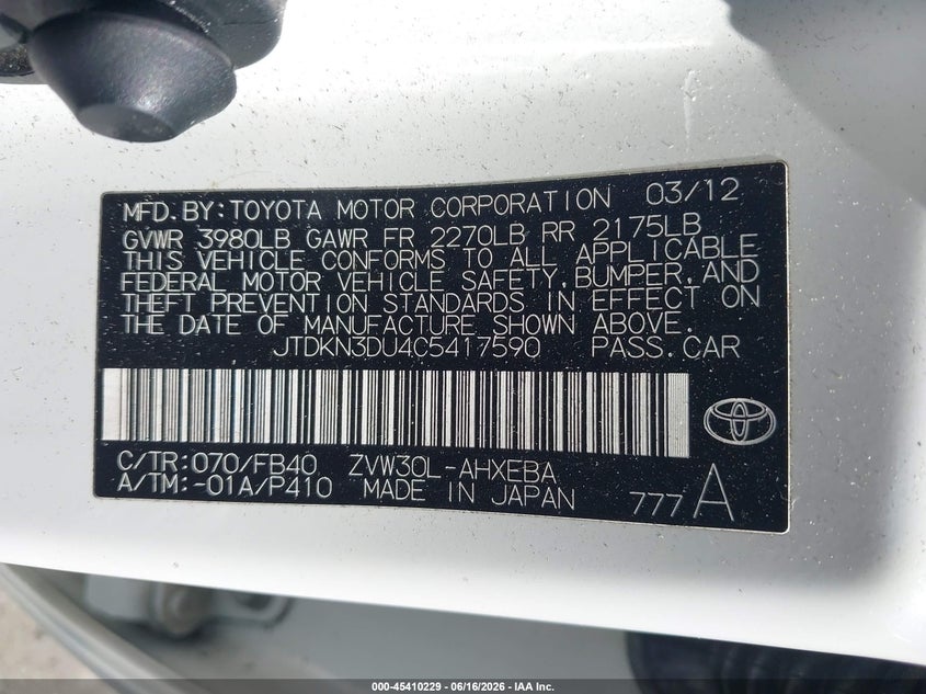 2012 Toyota Prius VIN JTDKN3DU4C5417590 IAAI salvage auction — NORMAL WEAR, Clear - Dealer Only (California), sold $3,050 on 2026-07-09 (photo 9)