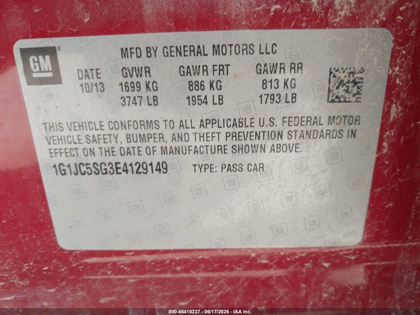 2014 Chevrolet SONIC VIN 1G1JC5SG3E4129149 IAAI salvage auction — NORMAL WEAR, Clear (California), sold $250 on 2026-07-09 (photo 9)