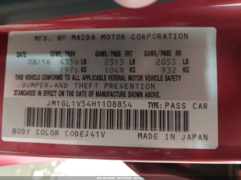 2017 Mazda 6 VIN JM1GL1V54H1108854 IAAI salvage auction — RIGHT SIDE, Regular (South Dakota), sold $2,000 on 2026-07-28 (photo 9)