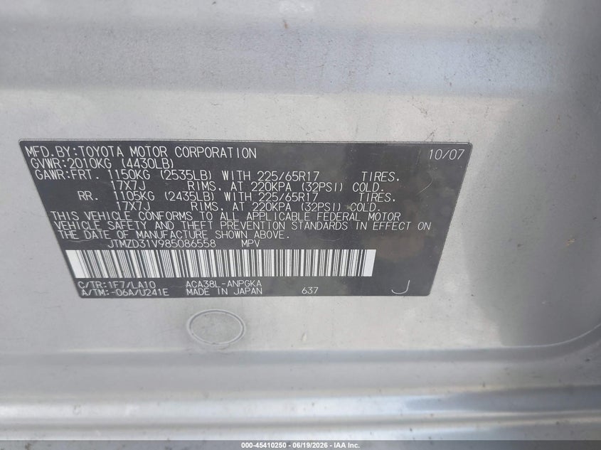 2008 Toyota Rav4 VIN JTMZD31V985086558 IAAI salvage auction — NORMAL WEAR, Clear (Tennessee), sold $1,500 on 2026-07-09 (photo 9)
