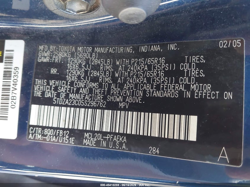 2005 Toyota Sienna VIN 5TDZA23C05S296762 IAAI salvage auction — NORMAL WEAR, Clear (Maryland), sold $1,050 on 2026-07-15 (photo 9)