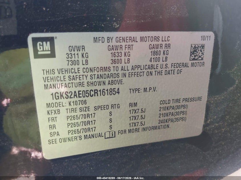 2012 Gmc Yukon VIN 1GKS2AE05CR161854 IAAI salvage auction — NORMAL WEAR, Salvage Title, sold $700 on 2026-09-01 (photo 9)